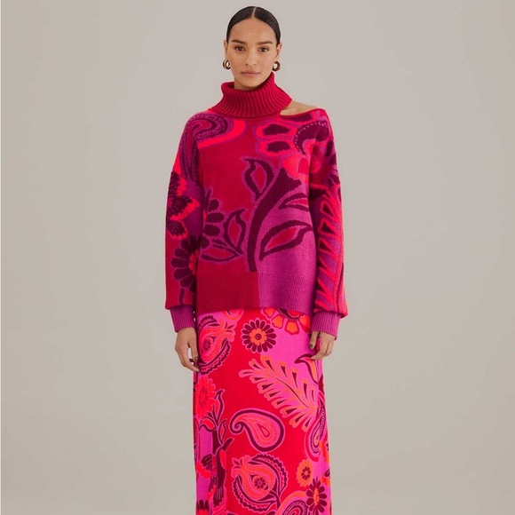 NWT Farm Rio pink bold floral knit sweater with one shoulder cut out, size XL - Picture 2 of 10